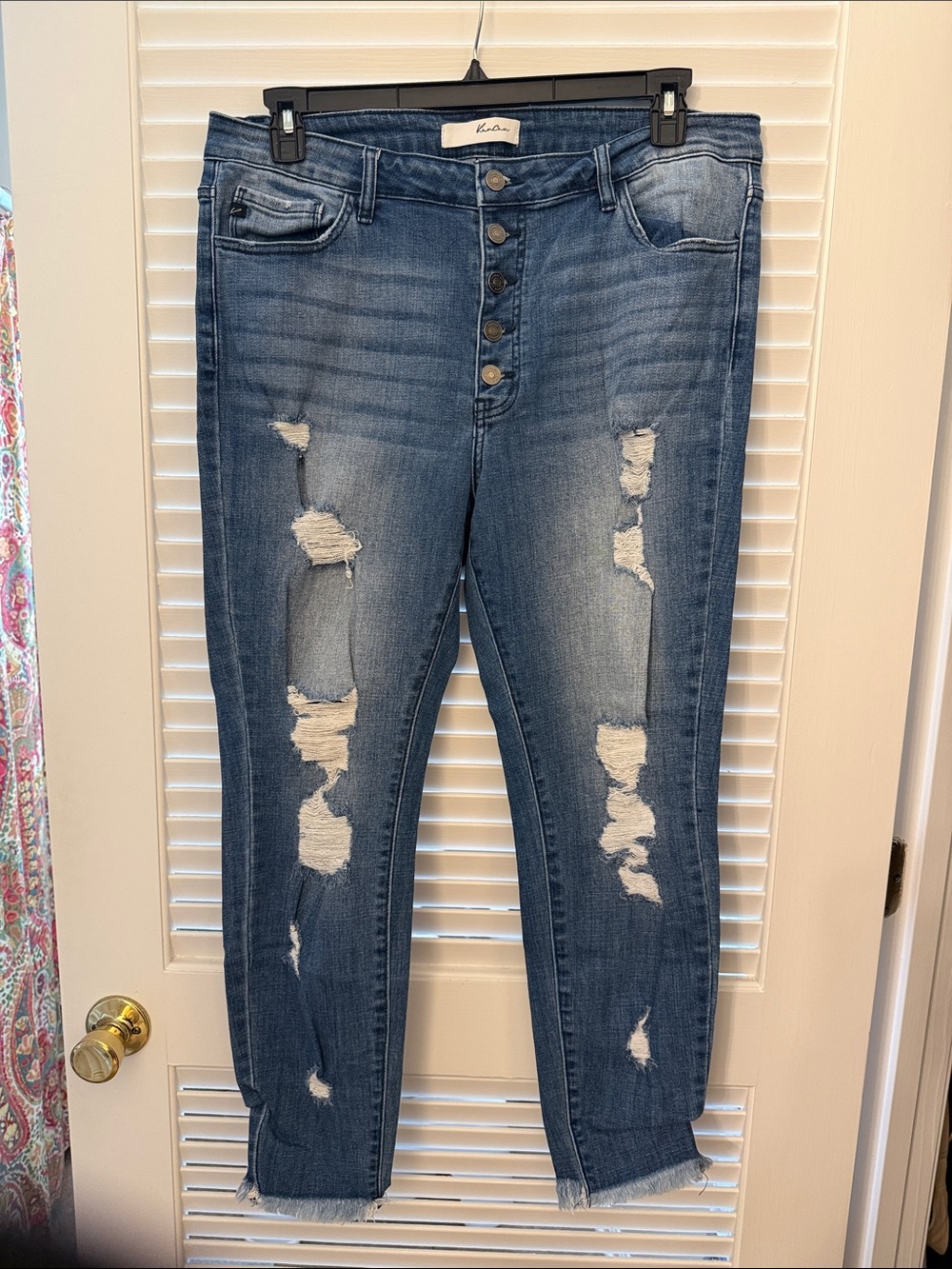 KanCan Distressed Button-Fly Boyfriend Jeans in Blue Denim